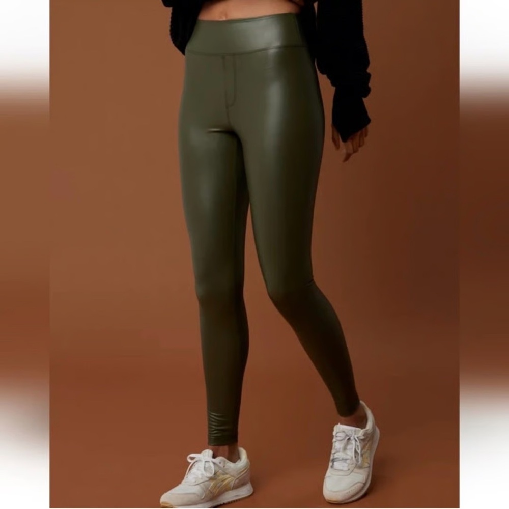 Aerie real luxe high waisted dark olive faux leather leggings size small long